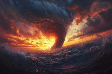 Fire tornado over stormy ocean with giant waves and surreal sunset sky.