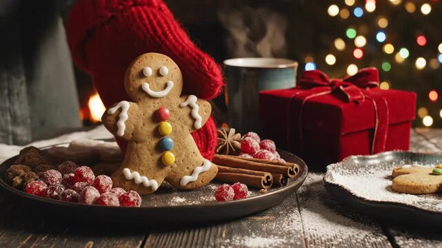 Decorating gingerbread man cookies with white icing, festive blurred lights in background