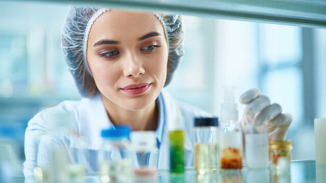 Female scientist researching advanced skincare formulations lab setting focused microbiome-friendly ingredients, peptide innovation, clean beauty, skin barrier support, proven dermocosmetic efficacy