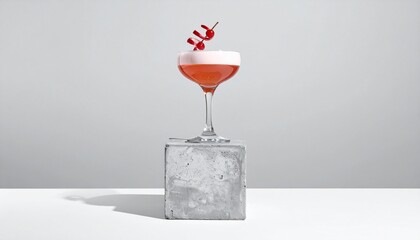 A minimalist composition of a cocktail glass filled with pink champagne, garnished with cherries, placed on a modern concrete cube, capturing a sophisticated and stylish atmosphere for bars.