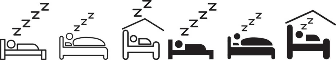 
Sleeping Person in Bed Icon Set. Sleeping People Icon Set. Hotel flat icon. Sleeping shelter sign. Healthy lifestyle symbol. Sleeping People on transparent background
