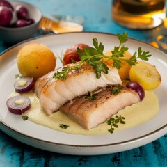Gourmet fish dish with layered salmon, vegetable sides, and wine glass in fine dining setup.