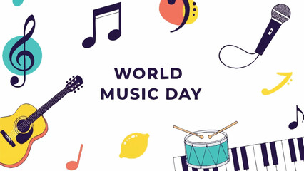 World Music Day Celebration with Musical Instruments and Notes.