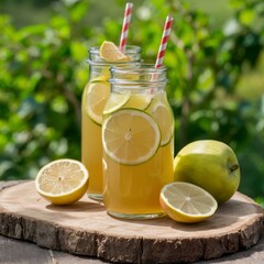 Mason jar with citrus-apple drink, garnished with lemon slices and striped straw, placed on wooden surface outdoors with apples and green foliage.