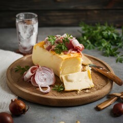 Traditional meat dish served in bread bowl with onion topping, styled with herbs, cheese, and sliced cured meat on wooden background.