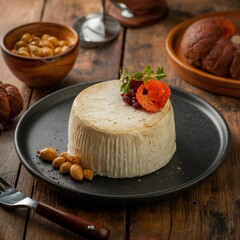 Decorative cheese setup with fruit and nut accents, styled with wooden fork, wine glass, and cozy tabletop.