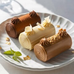 Four mini Yule log cakes with visible swirl, coated in chocolate, white, and caramel frosting, styled with holiday decorations on a white platter.