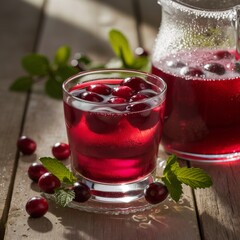 Cold cranberry drink with ice and mint, served on wooden surface with pitcher in background and bright sunlight for a healthy and fresh look.