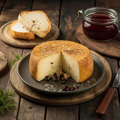 Gourmet cheese presentation with creamy interior, wooden utensils, seeded bread, and jam bowl on rustic surface.
