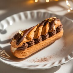 Decorative pastry with chocolate and cream swirl, styled with string lights, white plate, and warm tones.