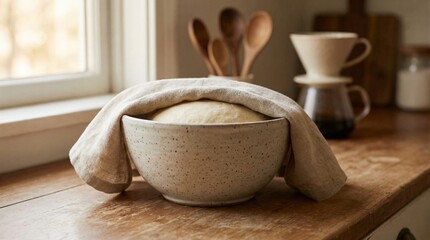Homemade dough rising, covered with a linen cloth in a speckled ceramic bowl on a rustic wooden kitchen counter, capturing the essence of traditional baking and preparing sourdough bread
