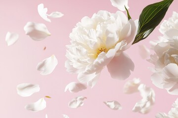 Elegant White Peony Flowers with Falling Petals on a Soft Pink Background