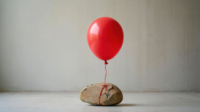 Red balloon tied to heavy rock concept illustrating contrast between lightness and weight, limitation versus freedom, resilience, emotional burden, inner strength, mental health and perseverance