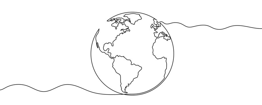 Planet Earth showing outlines of continents, including the Americas and Africa. Symbol of globalization, environment, travel, or world community in one line art style with editable black stroke. Vecto