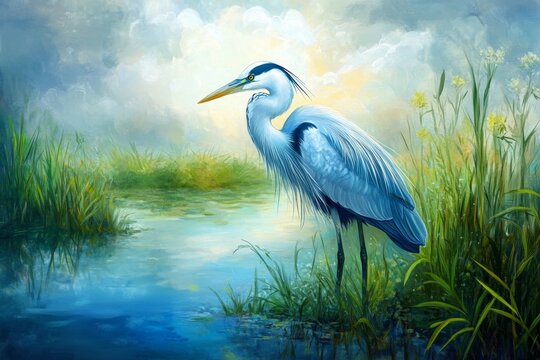 Graceful Great Blue Heron Oil Painting in Sunny Wetlands