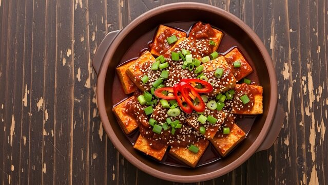 Authentic Korean spicy braised tofu (Dubu Jorim) viewed from above, garnished with red chili, scallions, and sesame seeds in a clay bowl on a rustic wooden table.