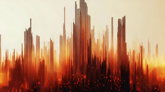 Abstract pixel art cityscape glowing with warm orange and red colors, reflecting a burning horizon over calm water, portraying themes of future, destruction, and digital technology
