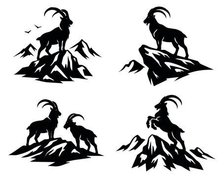 Silhouette ibex set featuring mountain goats in various poses on rocky landscapes for wilderness and outdoor themes