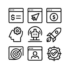 Black vector icon set for web design featuring business communication and technology symbols including phone, email, video, social, online, hardware, profile, gadget, ui