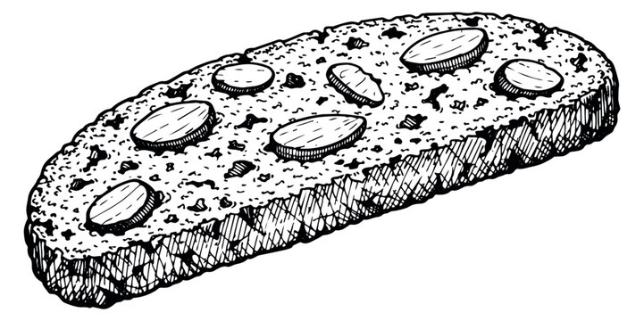 Hand drawn line art illustration of biscotti depicting crunchy texture and almonds for food and bakery concepts