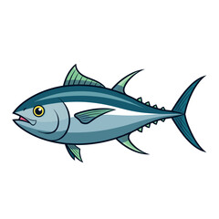 Obraz premium এসইও-ফ্রেন্ডলি টাইটেল (SEO-Friendly Title): Cute cartoon vector illustration of a sleek blue tuna fish with yellow eyes and sharp fins isolated on a white background.