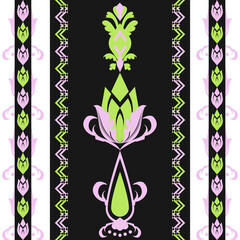 Abstract floral background featuring a set of spring flowers and nature elements in a pink vector illustration design with green leaf ornaments. Ethnic pattern, Native American tribal fabric