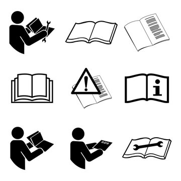 Refer Instruction Manual Booklet Black Icon Set Symbol Sign,Vector Illustration, Isolated On White Background Label.EPS10