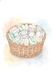 Woven Basket with Rolled Baby Blankets and Plush Sheep