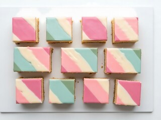 Modern sliced dessert bar with pastel glaze, overhead minimalist composition, clean commercial food photography for branding