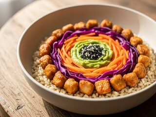 Sculptural rice bowl with concentric ingredient arrangement, natural earthy tones, contemporary healthy food photography for social media and stock