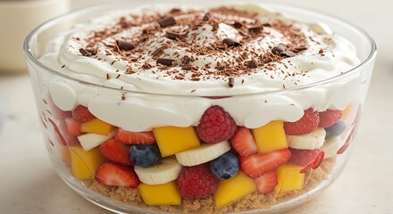 Colorful Fruit Trifle in Glass Bowl Topped with Whipped Cream and Chocolate Shavings.