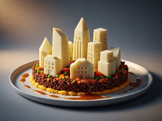 Futuristic comfort food reinterpretation with architectural mashed forms, warm muted palette, cinematic food photography for high-value stock
