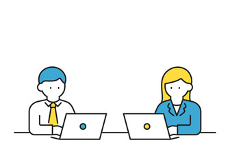 ノートパソコンを操作する会社員の男女（線幅変更可能・カラー）