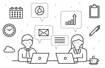 パソコンで仕事をする男女とビジネスアイコンのセット（線幅変更可能）	