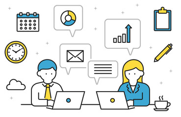 パソコンで仕事をする男女とビジネスアイコンのセット（線幅変更可能・カラー）	