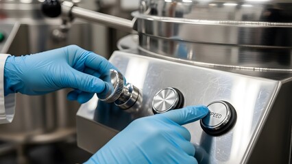 A person in blue gloves adjusting a stainless steel machine with a speed control knob.