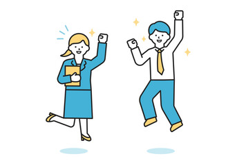 笑顔でジャンプするビジネスパーソン・やる気に満ちた会社員の男女（線幅変更可能・カラー）