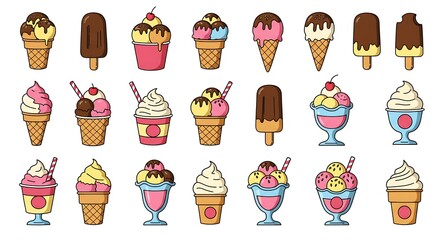 Colorful Ice Cream Treats Collection, Flat Design Icons.