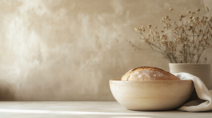 Freshly baked bread in a ceramic bowl with dried flowers on a table
