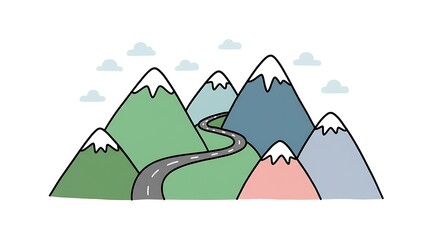 Colorful Mountain Range with Winding Road, Snow-Capped Peaks, and Playful Clouds.