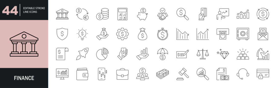 Finance icon set. Editable line icons. Vector illustration.