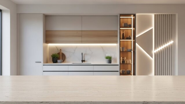 Pale travertine kitchen countertop with future modern kitchen background, elegant interior photography for premium home design branding