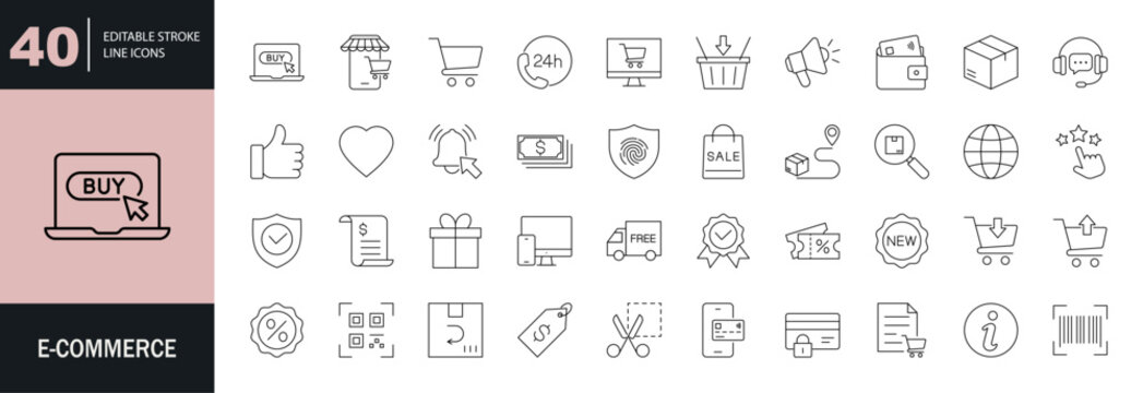 E-commerce icon set. Editable line icons. Vector illustration.