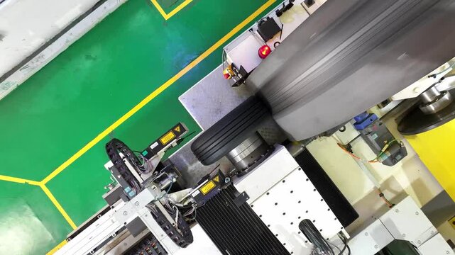 Industrial workshop scene with robotic arm performing automated assembly operations