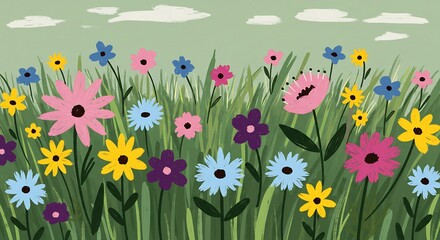 Colorful Wildflower Meadow Illustration with Pink, Yellow, and Blue Blooms under Cloudy Sky.