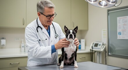 Compassionate Veterinarian Examines Boston Terrier in Bright, Modern Clinic Examination Room.