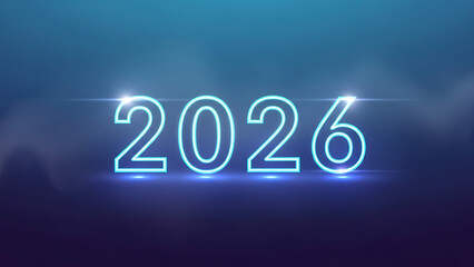 Glowing neon light art of the year 2026 against dark blue background with smoke effect