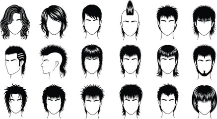 Men hairstyle collection silhouette, modern trendy haircuts set illustration vector barber salon fashion grooming style male portrait design