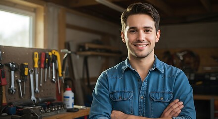 Confident Young Man in His Home Workshop, Tools Background.