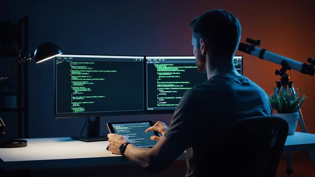 Man coding on dual monitors and tablet in a dark room with a telescope and plant.